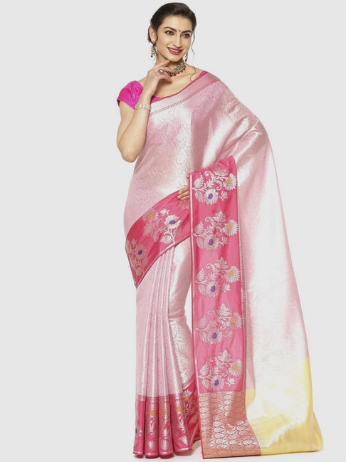 Banarasi Silk Works Pink & Yellow Woven Saree With Unstitched Blouse Price in India