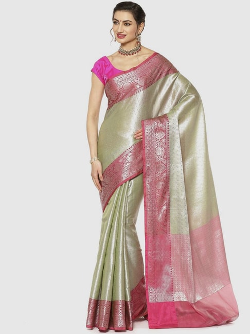 Banarasi Silk Works Green & Pink Woven Saree With Unstitched Blouse Price in India
