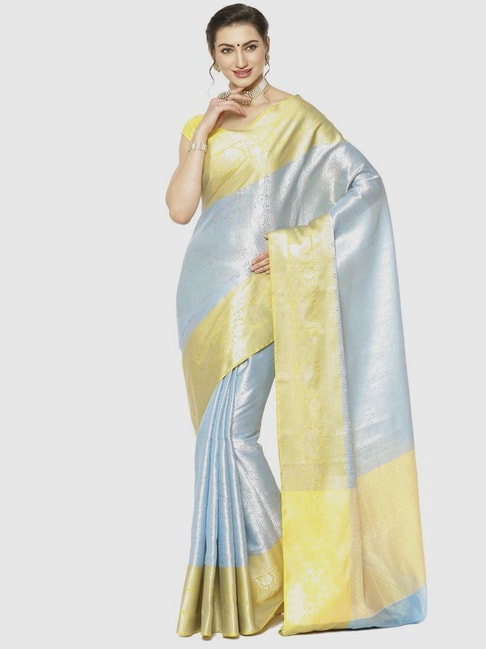 Banarasi Silk Works Blue & Yellow Woven Saree With Unstitched Blouse Price in India