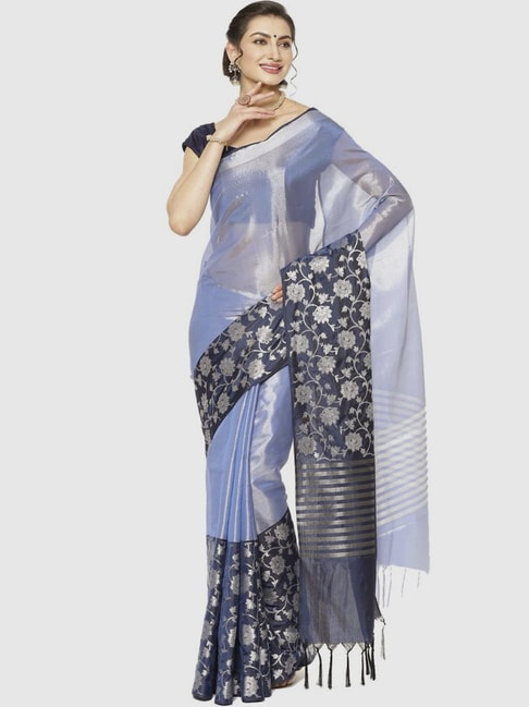 Banarasi Silk Works Blue & Black Woven Saree With Unstitched Blouse Price in India