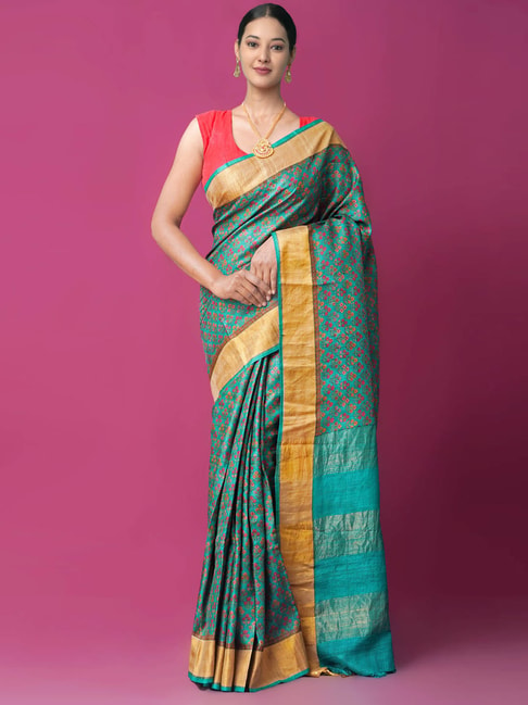 Unnati Silks Turquoise Silk Printed Saree Price in India
