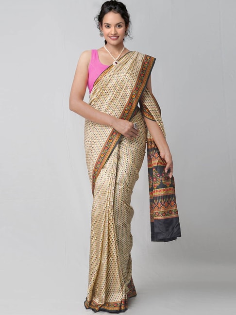 Unnati Silks Beige & Black Silk Printed Saree Price in India