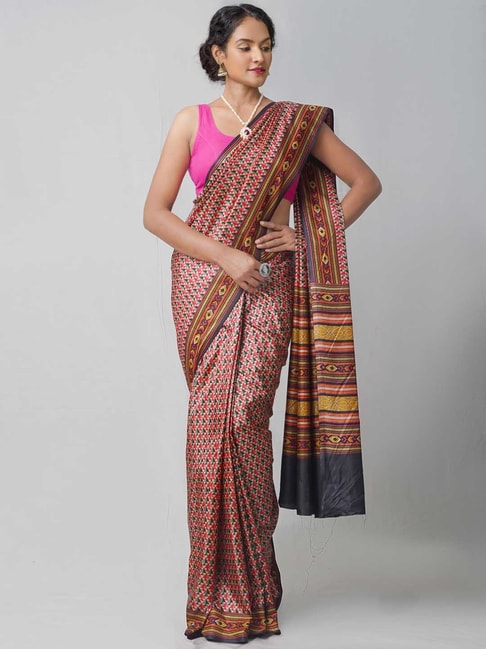 Unnati Silks Pink & Yellow Silk Printed Saree Price in India
