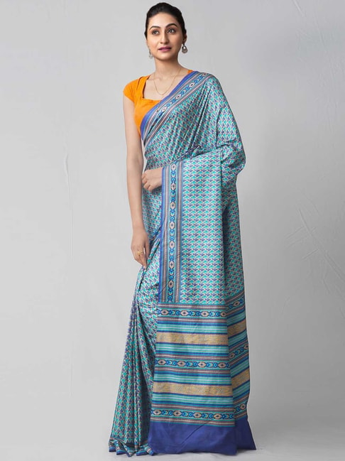 Unnati Silks Turquoise Silk Printed Saree Price in India