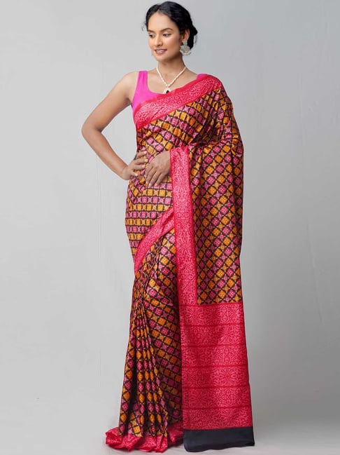 Unnati Silks Pink & Black Silk Printed Saree Price in India