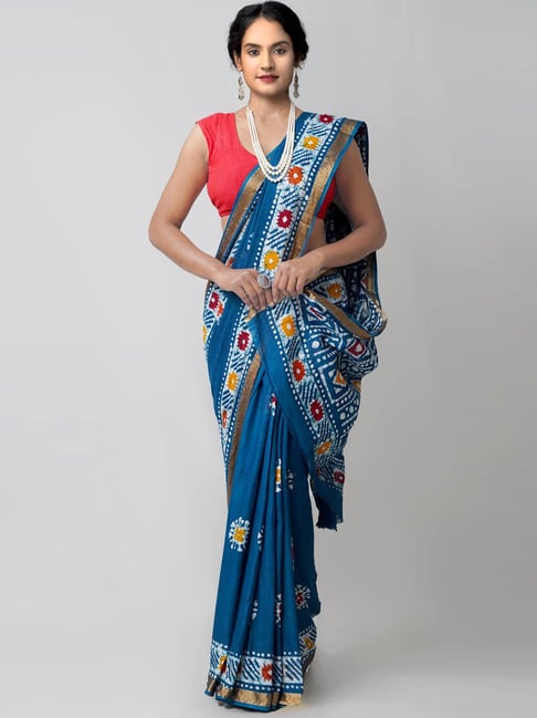 Unnati Silks Teal Blue Cotton Printed Saree Price in India