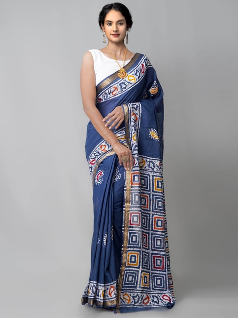 Unnati Silks Navy Cotton Printed Saree Price in India