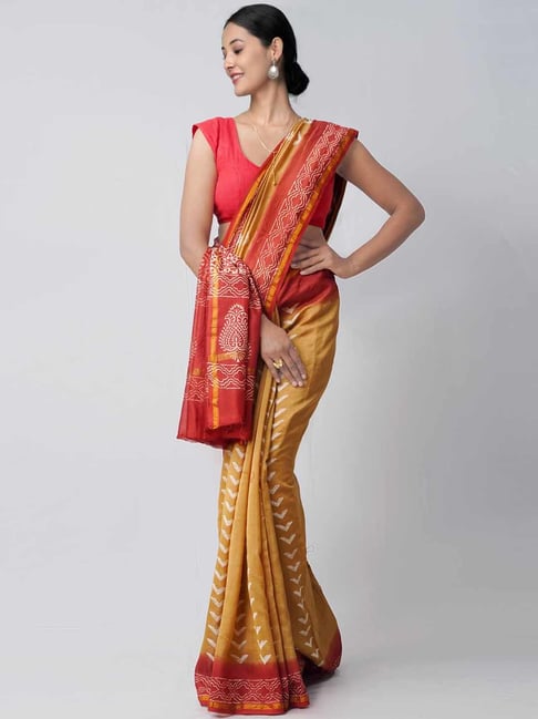 Unnati Silks Brown & Red Cotton Silk Printed Saree Price in India