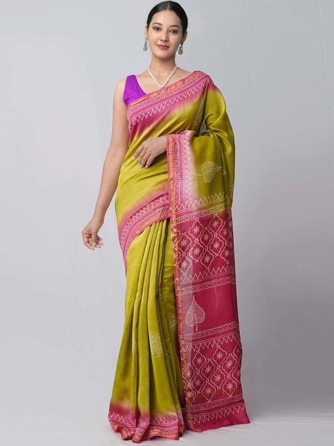 Unnati Silks Green & Pink Cotton Silk Printed Saree Price in India