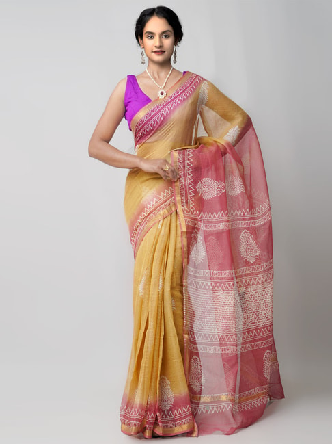Unnati Silks Brown & Pink Cotton Printed Saree Price in India