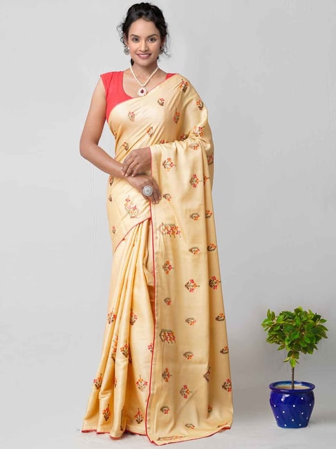 Unnati Silks Beige Silk Embroidered Saree Price in India