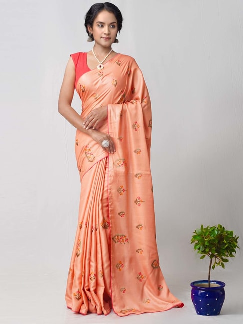 Unnati Silks Peach Silk Embroidered Saree Price in India