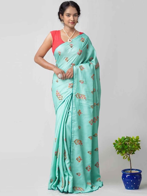 Unnati Silks Green Silk Embroidered Saree Price in India