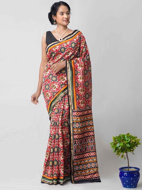 Unnati Silks Red & Black Cotton Silk Printed Saree Price in India