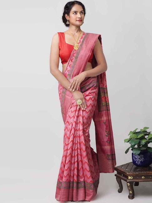 Unnati Silks Pink Silk Floral Print Saree Price in India