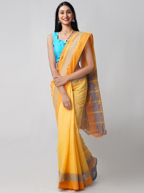 Unnati Silks Yellow & Beige Cotton Woven Saree Price in India