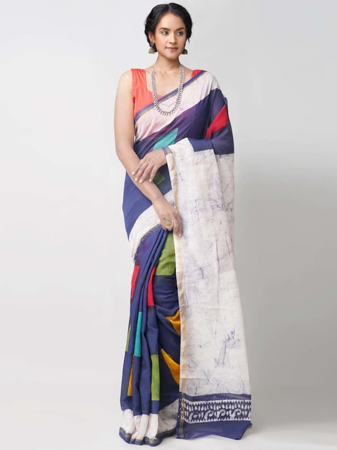 Unnati Silks Navy & Beige Cotton Silk Printed Saree Price in India