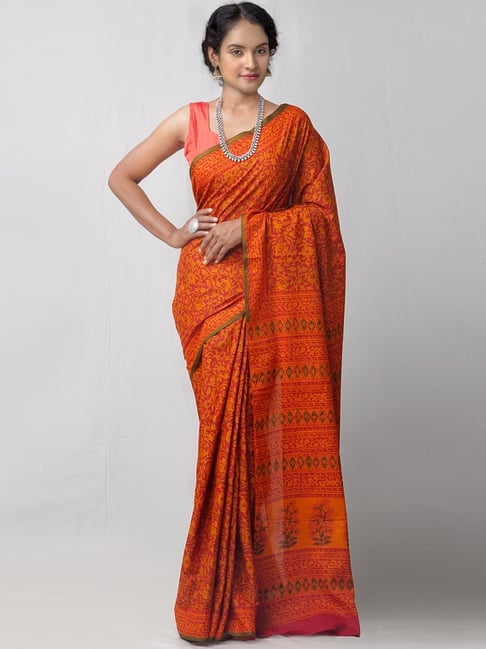 Unnati Silks Red & Orange Cotton Printed Saree Price in India