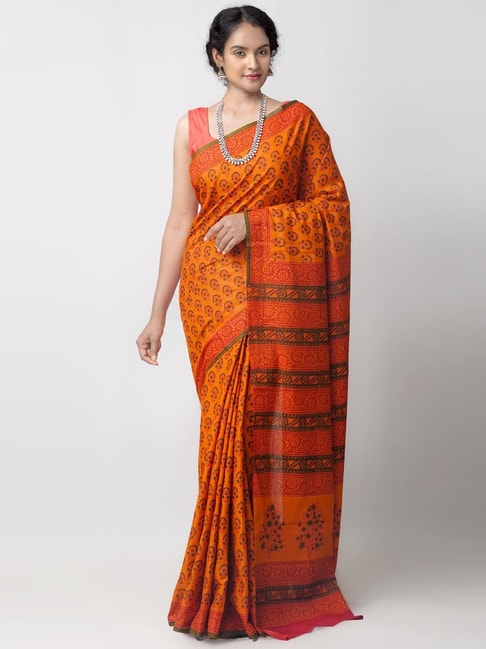 Unnati Silks Orange & Black Cotton Printed Saree Price in India