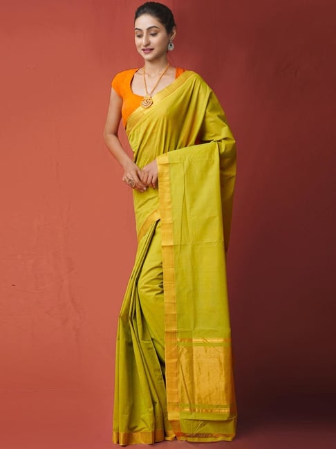 Unnati Silks Green Cotton Woven Saree Price in India