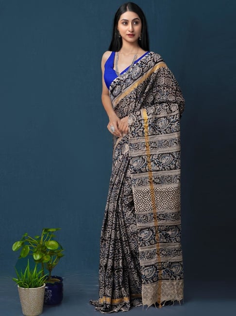 Unnati Silks Black & Beige Silk Printed Saree Price in India