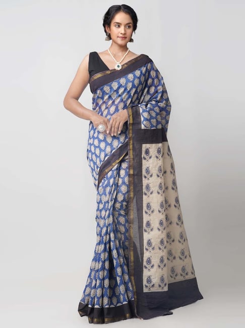 Unnati Silks Blue & Beige Cotton Silk Printed Saree Price in India