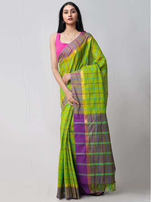 Unnati Silks Green & Purple Cotton Woven Saree Price in India