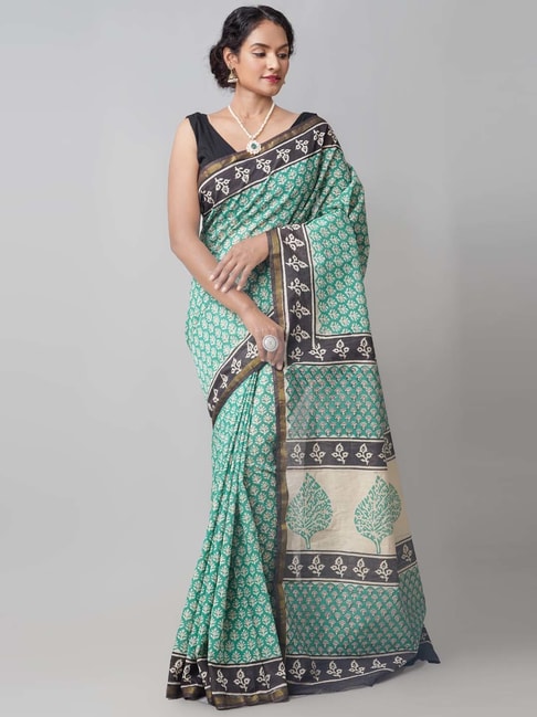 Unnati Silks Green & Grey Cotton Silk Printed Saree Price in India