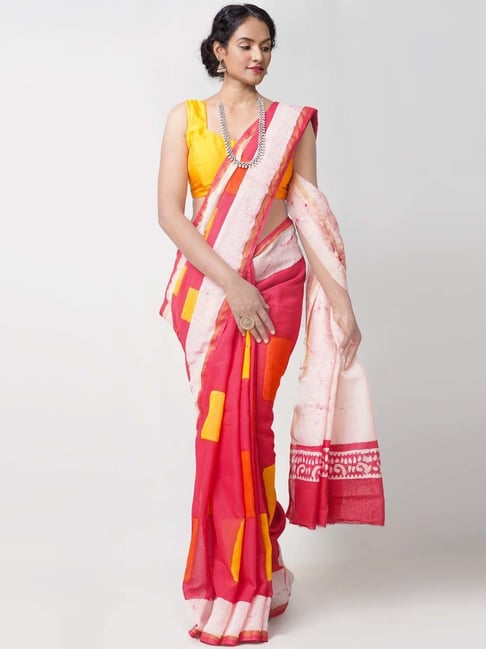 Unnati Silks Maroon & Pink Cotton Silk Printed Saree Price in India