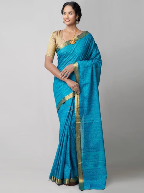 Unnati Silks Turquoise Cotton Printed Saree Price in India