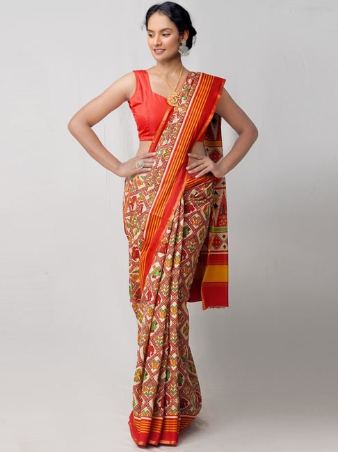Unnati Silks Red & Beige Cotton Printed Saree Price in India