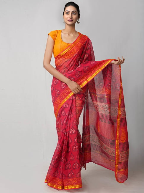Unnati Silks Red Cotton Printed Saree Price in India