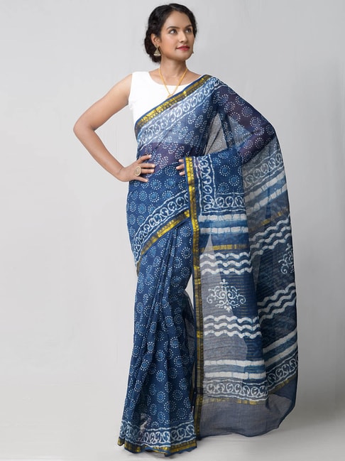 Unnati Silks Indigo & White Cotton Printed Saree Price in India