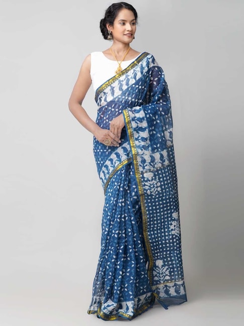 Unnati Silks Indigo & White Cotton Printed Saree Price in India