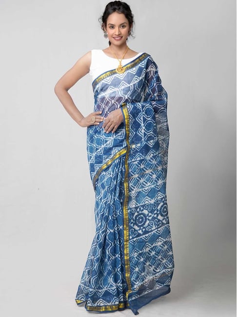 Indigo Block Print Chanderi Silk Cotton Saree With Blouse Piece - Suti Dhaga