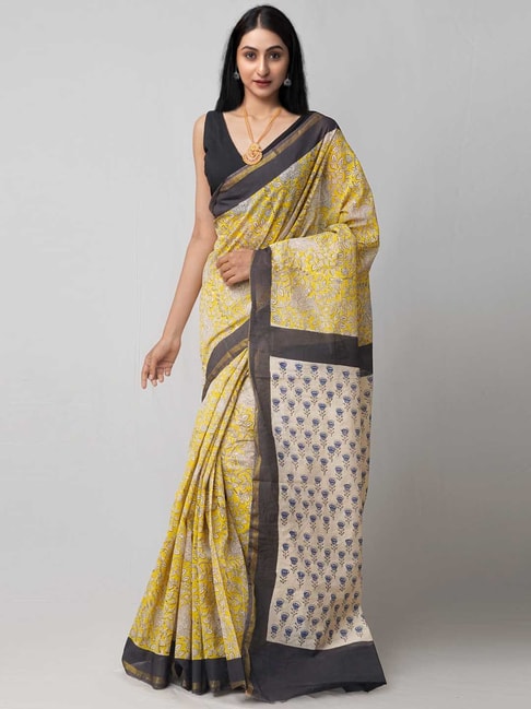 Unnati Silks Yellow & Beige Cotton Silk Printed Saree Price in India