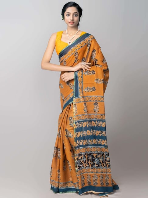 Unnati Silks Orange & Green Cotton Printed Saree Price in India