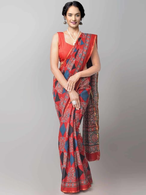 Unnati Silks Red & Blue Cotton Printed Saree Price in India