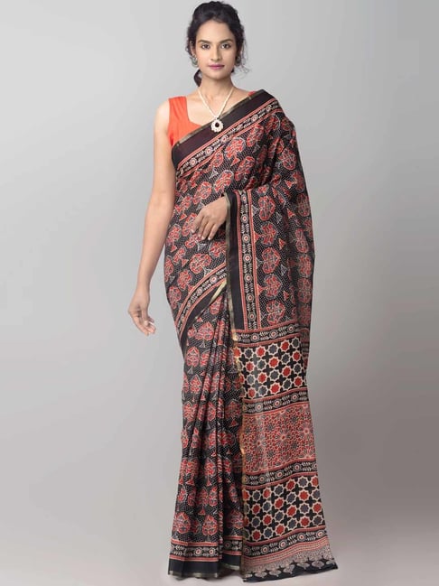 Unnati Silks Black & Red Cotton Printed Saree Price in India