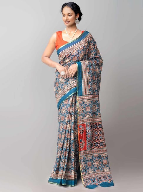 Unnati Silks Blue & Red Cotton Printed Saree Price in India