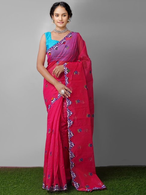 Unnati Silks Pink Embroidered Saree With Unstitched Blouse Price in India