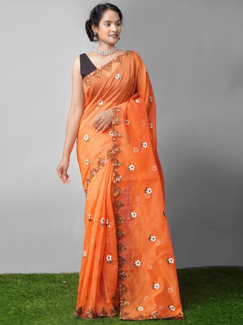 Unnati Silks Orange Embroidered Saree With Unstitched Blouse Price in India