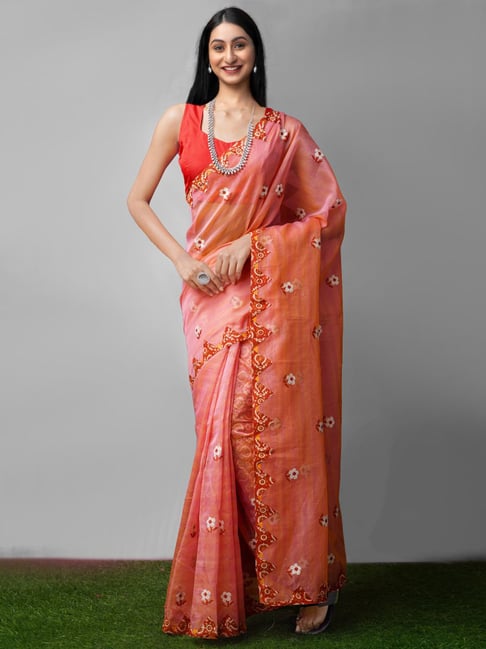 Unnati Silks Peach Embroidered Saree With Unstitched Blouse Price in India