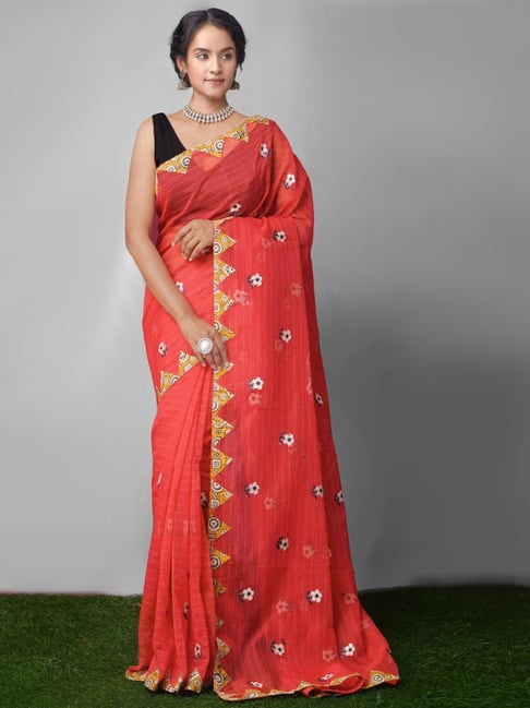 Unnati Silks Red Embroidered Saree With Unstitched Blouse Price in India