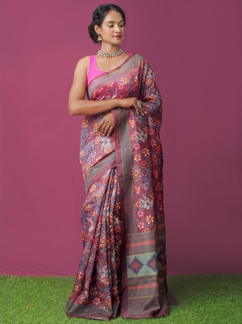 Unnati Silks Maroon Cotton Silk Floral Print Saree With Unstitched Blouse Price in India