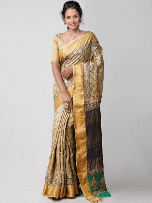 Unnati Silks Brown Silk Printed Saree With Unstitched Blouse Price in India