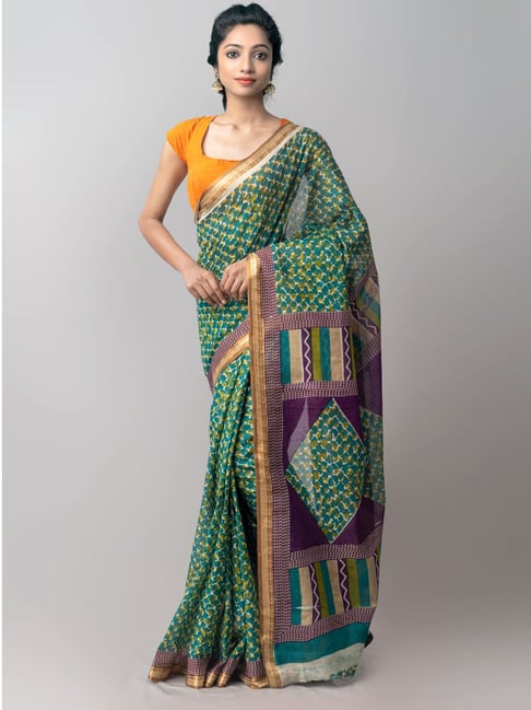 Unnati Silks Green & Blue Cotton Printed Saree With Unstitched Blouse Price in India