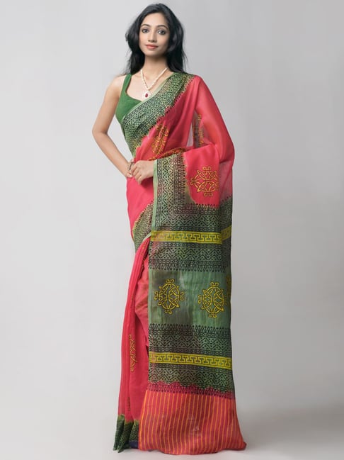 Unnati Silks Red Printed Saree With Unstitched Blouse Price in India