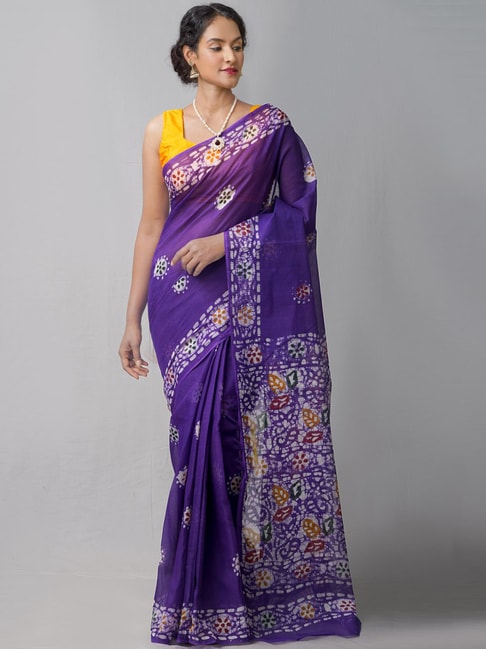 Unnati Silks Purple Cotton Printed Saree With Unstitched Blouse Price in India