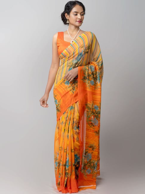 Unnati Silks Orange Printed Saree With Unstitched Blouse Price in India